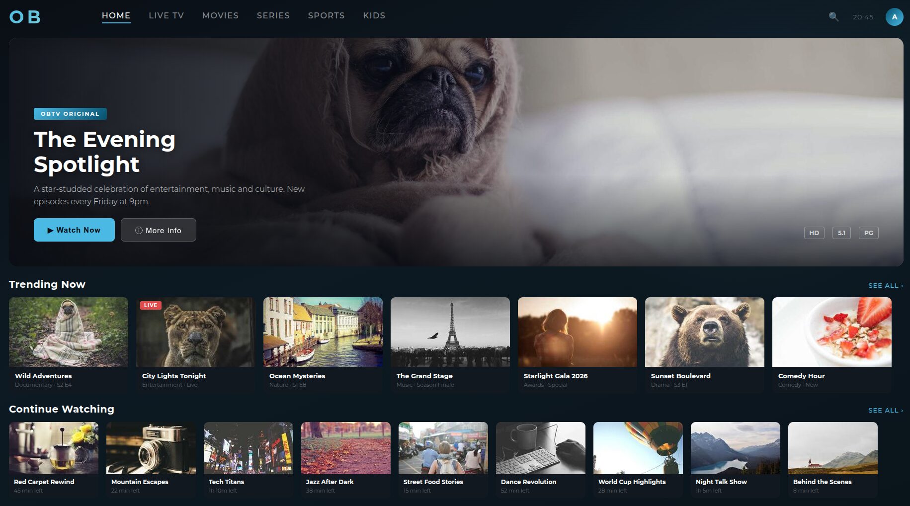 OBTV smart TV home screen